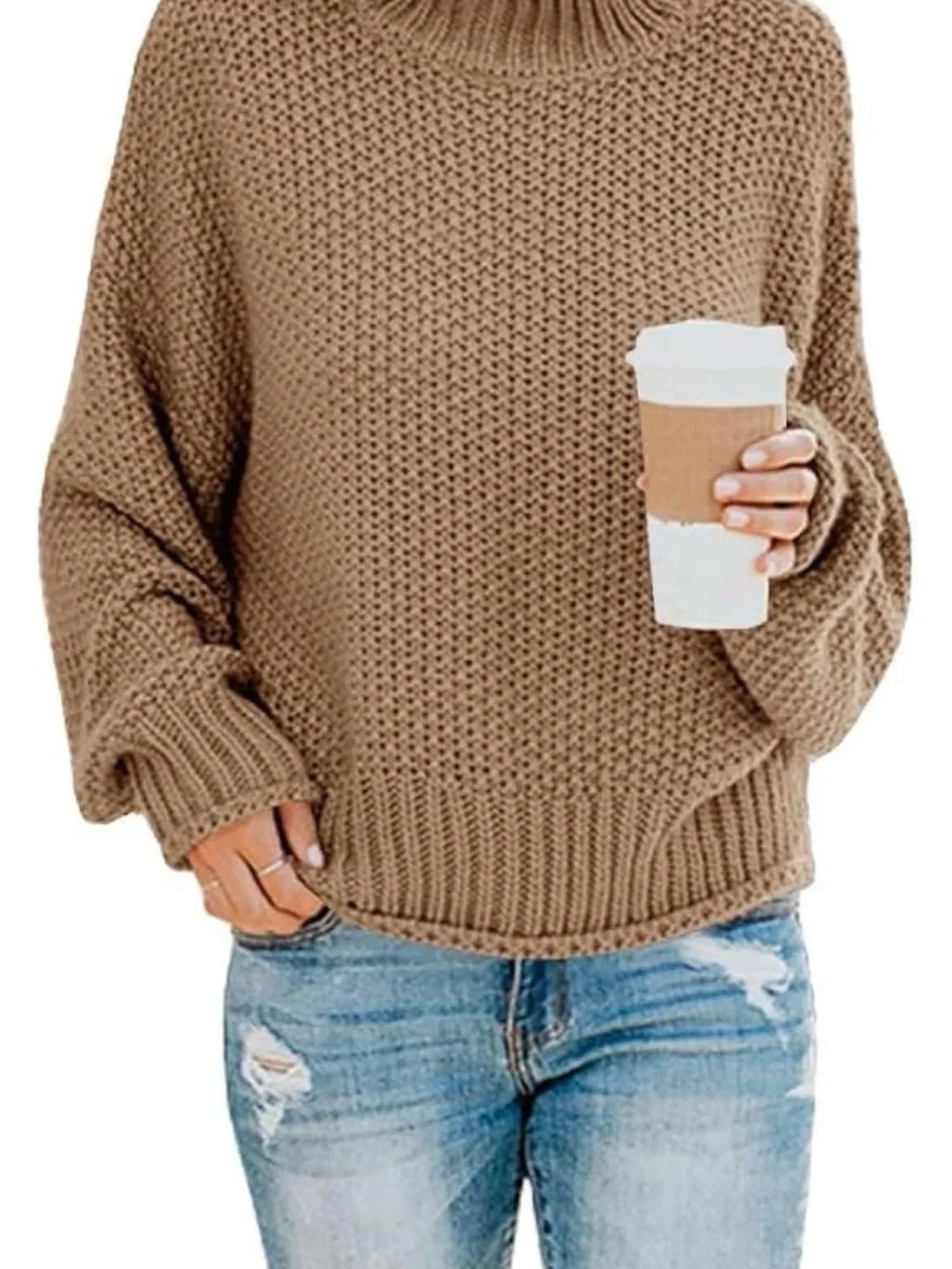 Amazon Women's Chunky Cowl Neck Sweater - Camel Brown